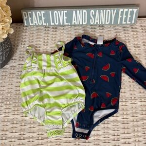 Carter's Two Swimsuits 9 Months Baby Girl Watermelon and Lime Stripe Prints